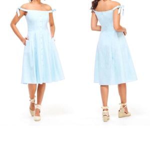Gal Meets Glam Aqua Blue Dora Linen off the shoulder Dress-8